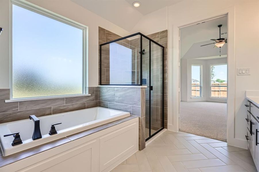 Bathroom featuring a stall shower, a bath, a ceiling fan, vanity, and recessed lighting Bathroom featuring a stall shower, a bath, a ceiling fan, vanity, and recessed lighting