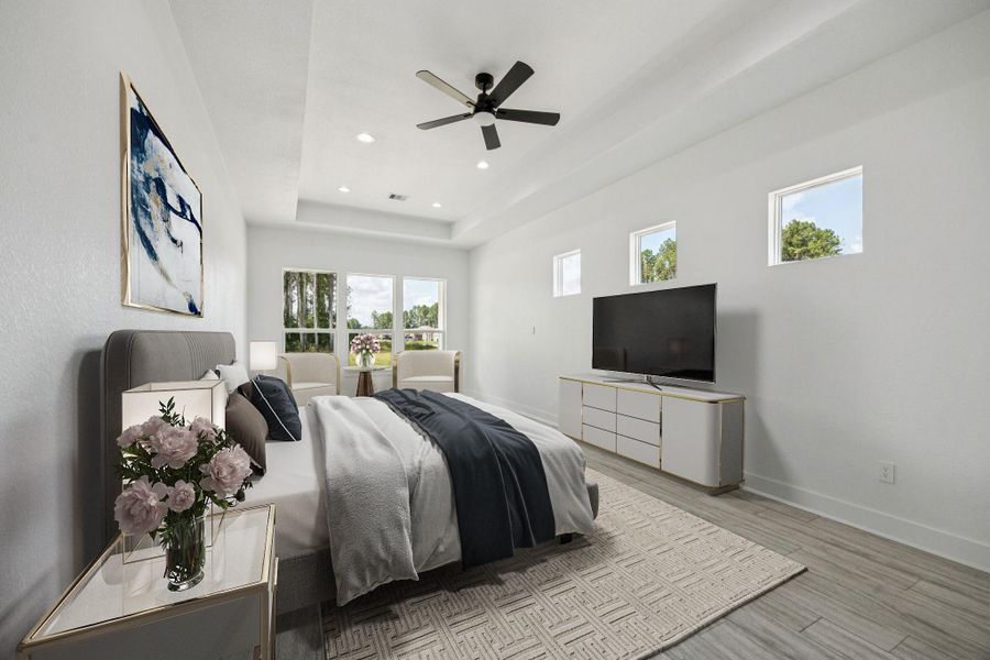 Primary bedroom features tons of natural light and so much space! Tray ceilings add a special touch and a ceiling fan for added comfort Primary bedroom features tons of natural light and so much space! Tray ceilings add a special touch and a ceiling fan for added comfort