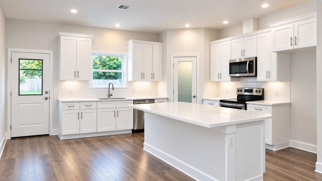Bright and modern kitchen with white cabinetry, stainless steel appliances, and a spacious island.