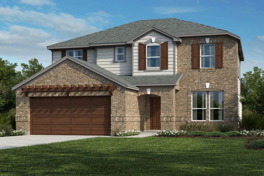 Representative exterior photo of a completed home built from the Plan 2783 by KB Home in River Bluff, Leander, TX (Image 6). Representative exterior photo of a completed home built from the Plan 2783 by KB Home in River Bluff, Leander, TX (Image 6).