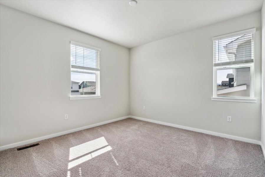 A room with a carpet and windows.