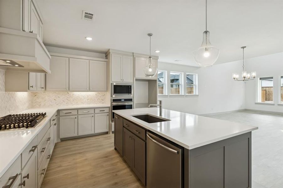 Beautifully cabinetry, gorgeous counter tops and designer backsplash effortlessly blend with contemporary stainless steel to create a kitchen for the ages!