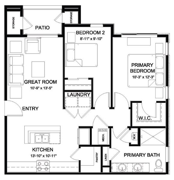 2D floor plan layout of this home in Lyric at RidgeGate Condos, Lone Tree, CO (Image 2).