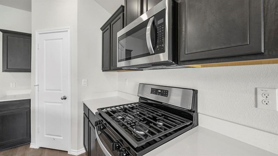 Kitchen with stainless steel appliances, dark cabinetry, and dark wood-type flooring