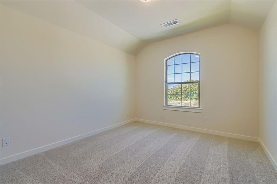 Spare room featuring light carpet and vaulted ceiling