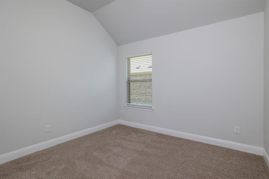 Empty room with carpet floors and lofted ceiling