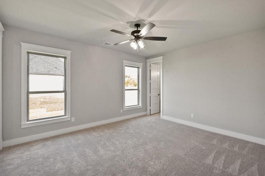 Spare room featuring light carpet, plenty of natural light, and ceiling fan