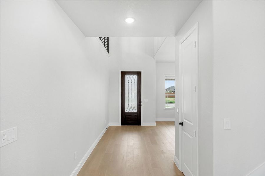 Entryway with dark wood front door featuring glass panel insert and light hardwood floors