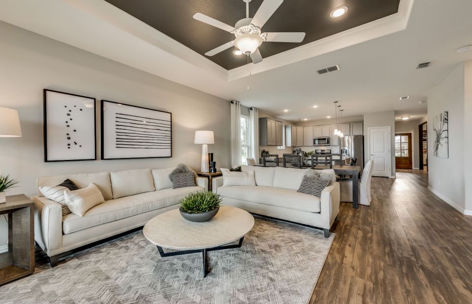 Gathering room with view of dining and kitchen areas