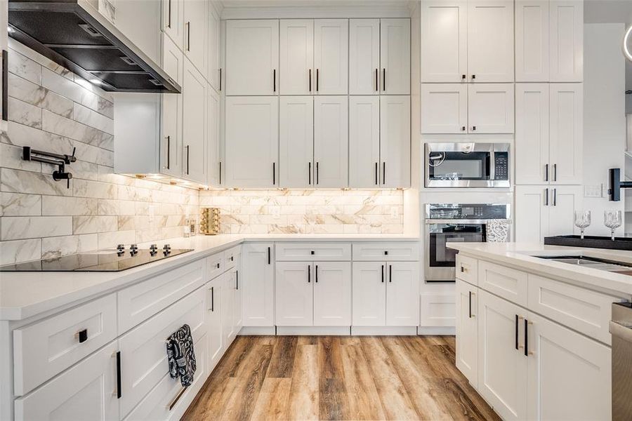 Kitchen with under cabinet range hood, stainless steel appliances, decorative backsplash, and white cabinets