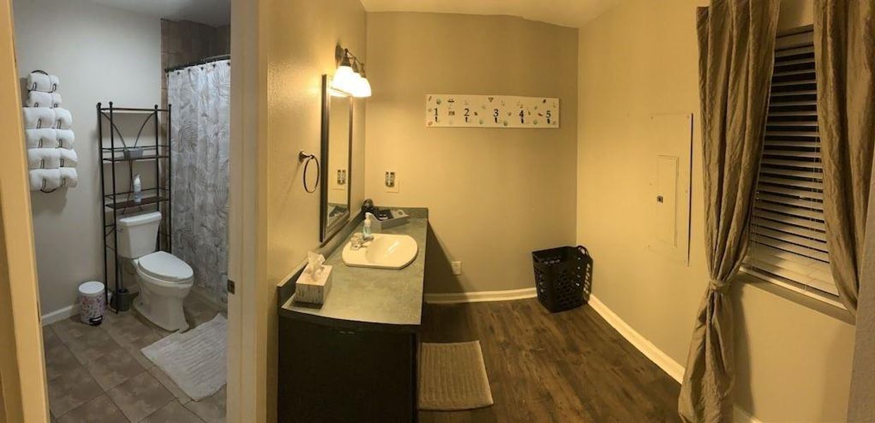 Bathroom featuring hardwood / wood-style flooring, vanity, and toilet
