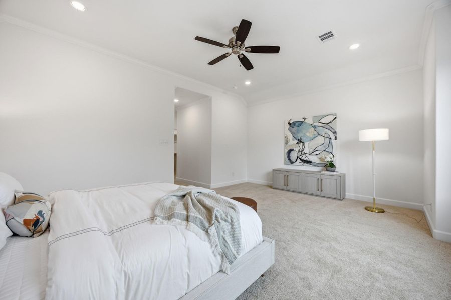 Master Class Storage: Relish the grandeur of a spacious primary suite, where comfort meets sophistication with a breezy ceiling fan and dual walk-in closets to indulge your wardrobe.