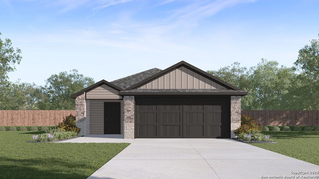 Front exterior of a new home in Winding Creek, New Braunfels, TX, highlighting curb appeal (Image 1).