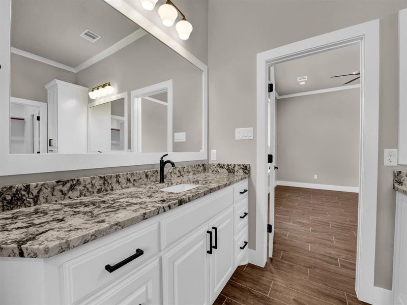 Bathroom featuring ornamental molding, vanity, and wood finish floors
