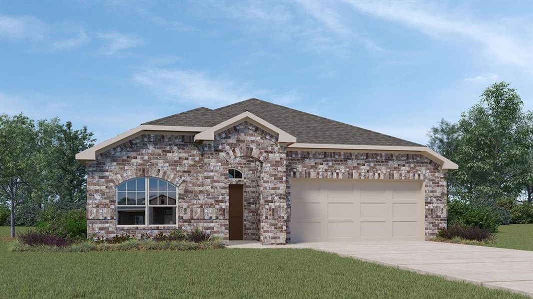 Front exterior of a new home in Trailstone, Caddo Mills, TX, highlighting curb appeal (Image 2). Front exterior of a new home in Trailstone, Caddo Mills, TX, highlighting curb appeal (Image 2).