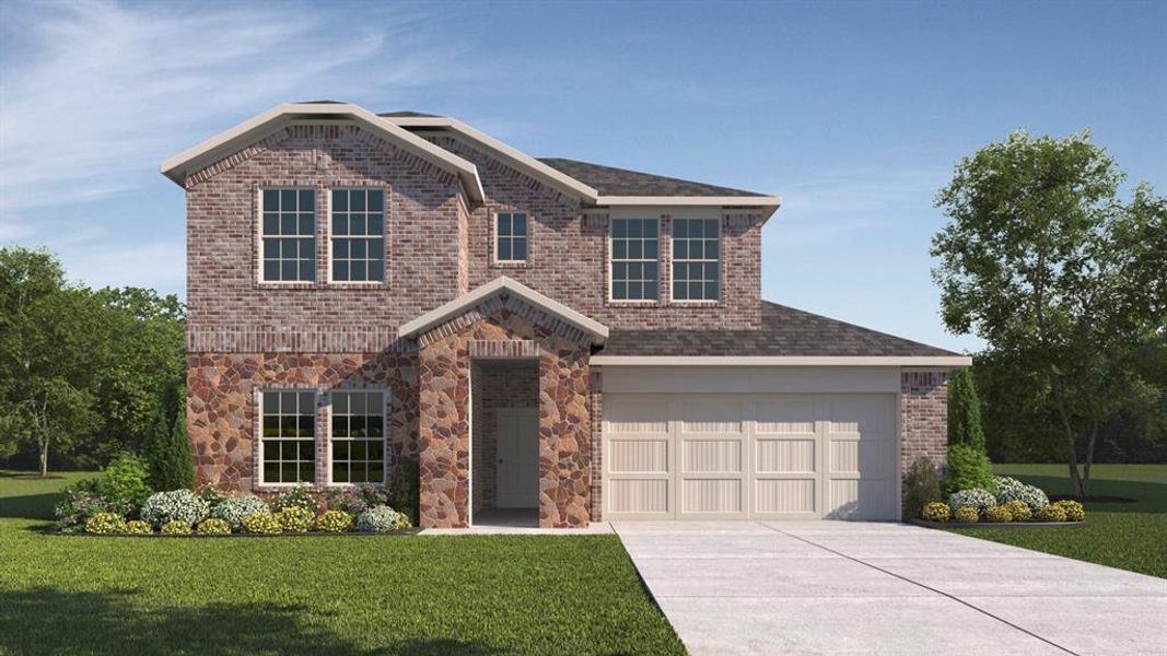 Front exterior of a new home in Woodcreek, Fate, TX, highlighting curb appeal (Image 1).