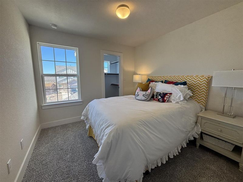 Bedroom with a spacious closet and dark carpet