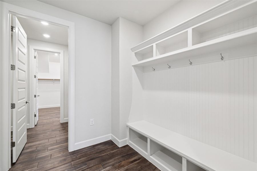 Mudroom featuring dark wood-style floors and recessed lighting