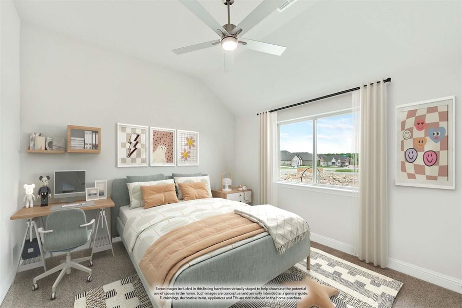 Bedroom with vaulted ceiling, ceiling fan, carpet flooring, desk area, and large window with neighborhood view Bedroom with vaulted ceiling, ceiling fan, carpet flooring, desk area, and large window with neighborhood view