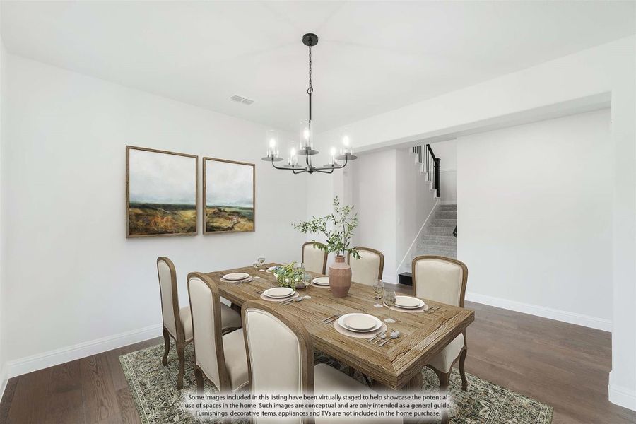 Dining room with wood table, six upholstered chairs, chandelier, and dark hardwood floors Dining room with wood table, six upholstered chairs, chandelier, and dark hardwood floors