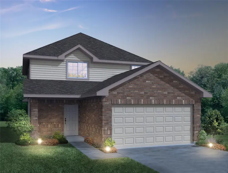 Front exterior of a new home in Mackenzie Creek, Conroe, TX, highlighting curb appeal (Image 1).
