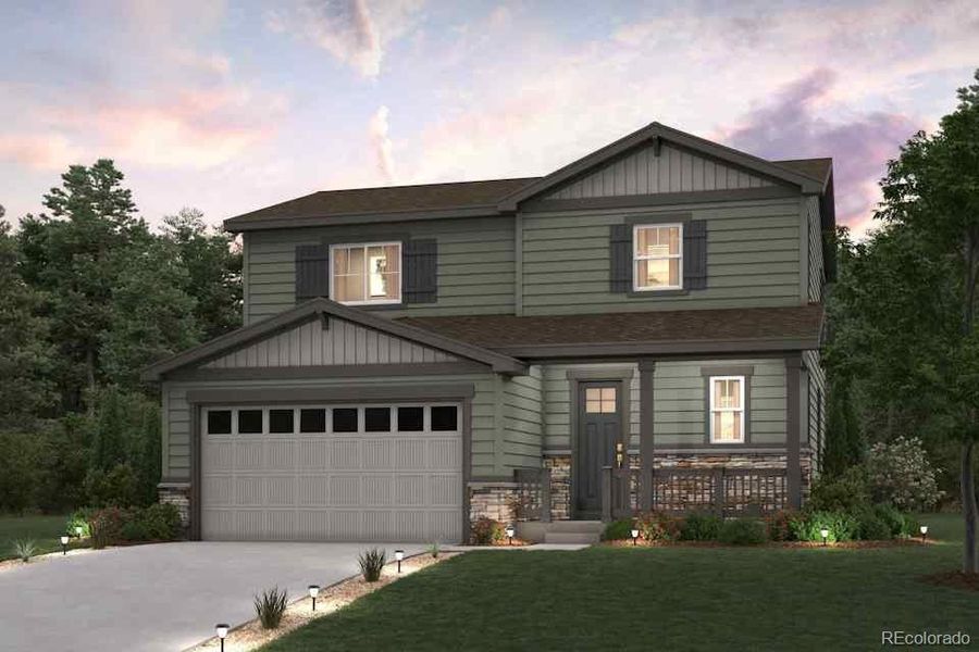 Front exterior of a new home in The Aurora Highlands, Aurora, CO, highlighting curb appeal (Image 1).