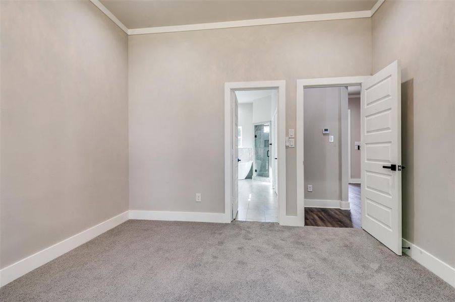 Unfurnished bedroom with carpet and crown molding