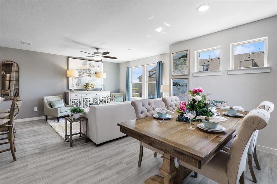 Dining room featuring a healthy amount of sunlight, ceiling fan, and light wood-type flooring