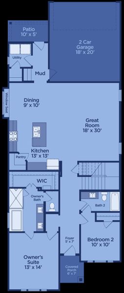 2D floor plan layout for the Elm by UnionMain Homes in Edgewater, Fate, TX (Image 3).