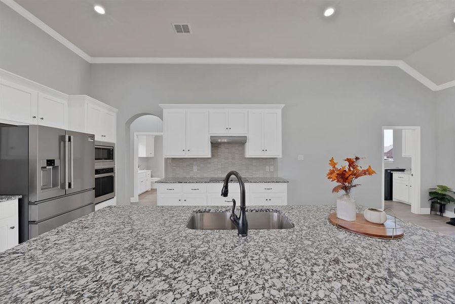 Kitchen featuring appliances with stainless steel finishes, a sink, under cabinet range hood, tasteful backsplash, and arched walkways Kitchen featuring appliances with stainless steel finishes, a sink, under cabinet range hood, tasteful backsplash, and arched walkways