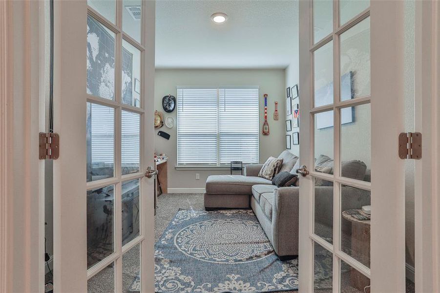 Living area with carpet flooring and french doors Living area with carpet flooring and french doors