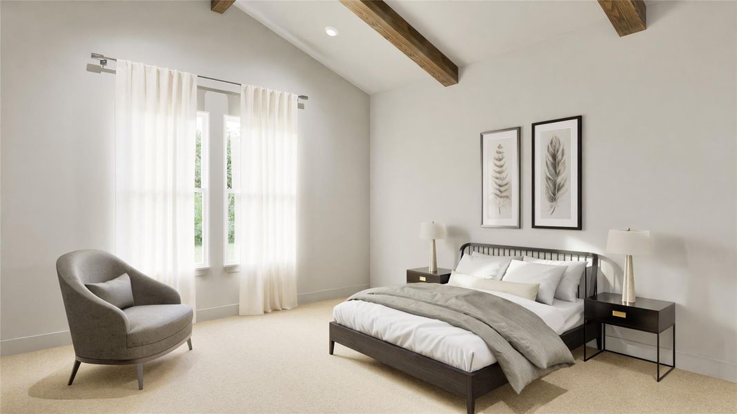 The master bedroom features a vaulted ceiling with wood beams.