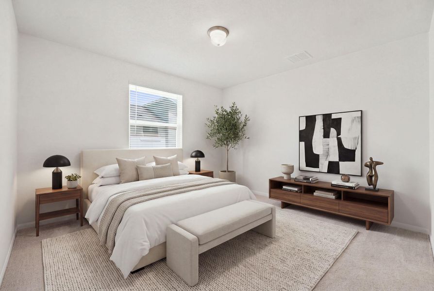 Soft carpeting pairs with crisp walls in this serene private retreat.