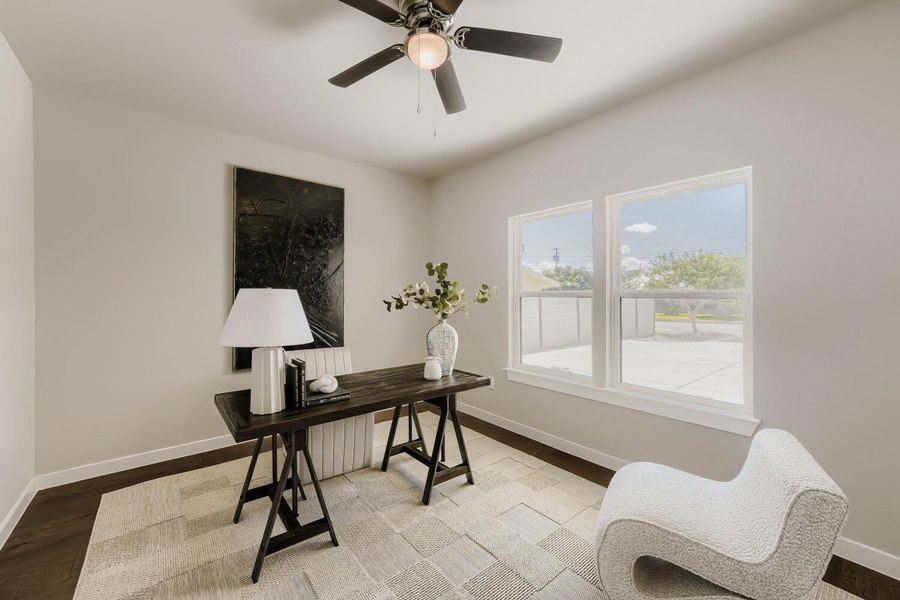 A well-lit study with generous window views and warm hardwood flooring awaits your inspiration. A well-lit study with generous window views and warm hardwood flooring awaits your inspiration.