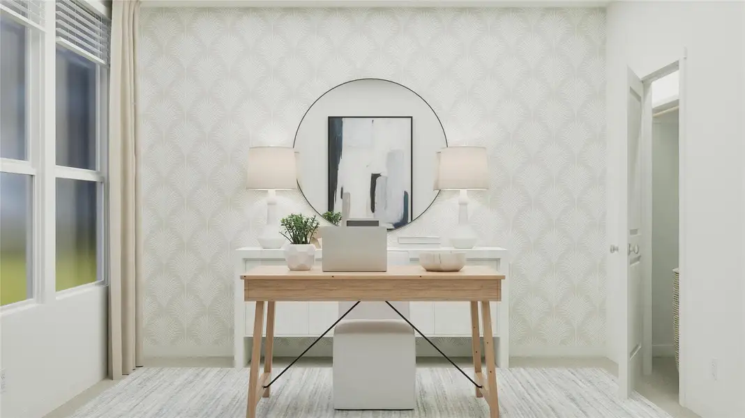 Office area featuring wallpapered walls Office area featuring wallpapered walls