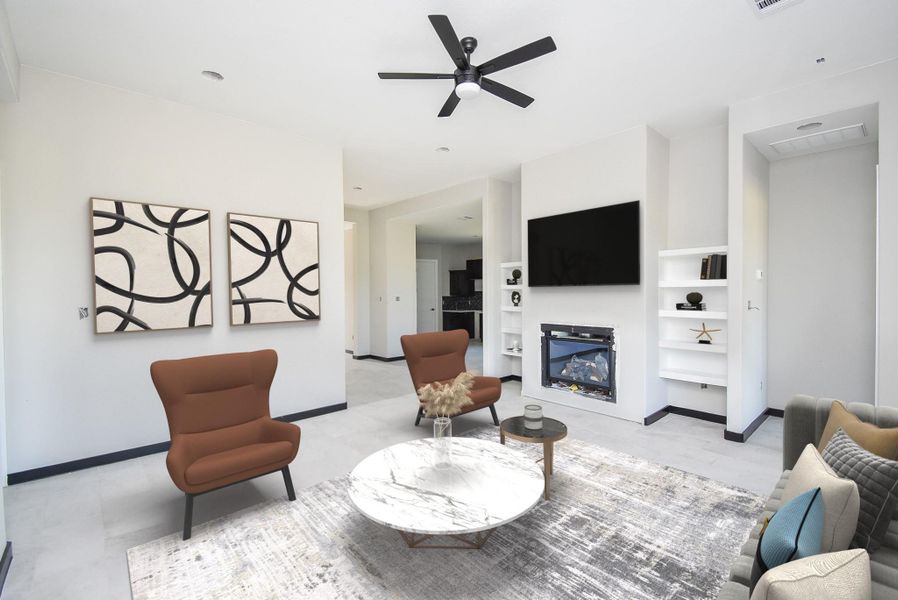 Family Room is huge with a fireplace and built-in shelves. Virtually Stage Image Family Room is huge with a fireplace and built-in shelves. Virtually Stage Image