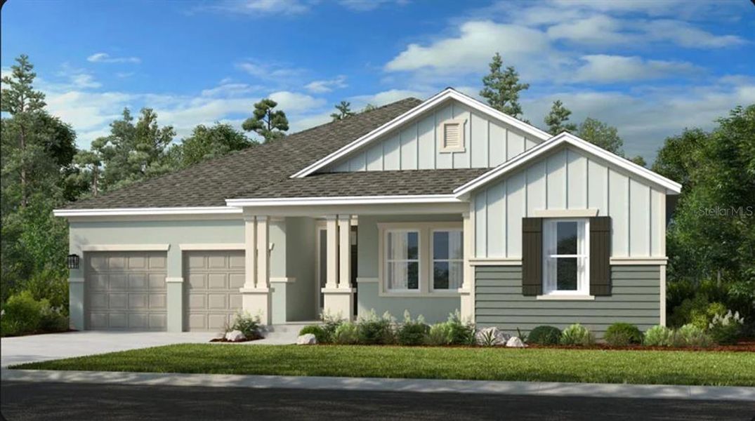 Front exterior of a new home in Harvest at Ovation, Winter Garden, FL, highlighting curb appeal (Image 1). Front exterior of a new home in Harvest at Ovation, Winter Garden, FL, highlighting curb appeal (Image 1).