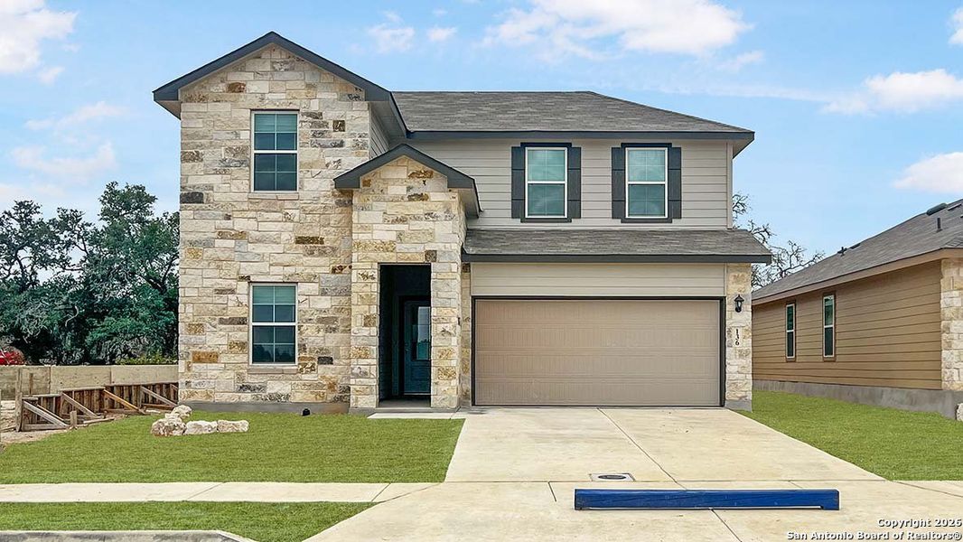 Front exterior of a new home in The Birch at Spencer Ranch, Boerne, TX, highlighting curb appeal (Image 1). Front exterior of a new home in The Birch at Spencer Ranch, Boerne, TX, highlighting curb appeal (Image 1).