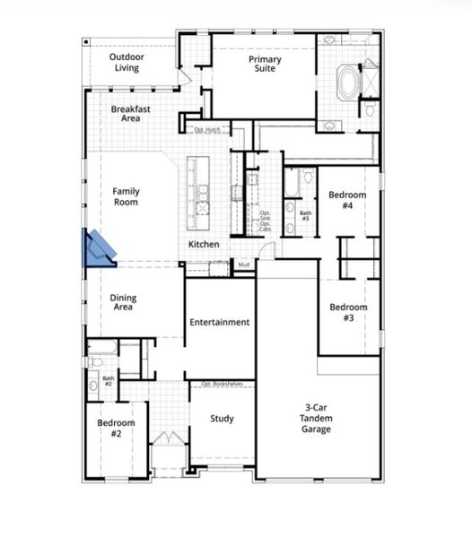 2D floor plan layout for the 215 by Highland Homes in Furst Ranch, Flower Mound, TX (Image 4).