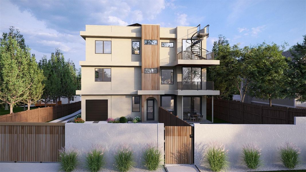 A modern multi-story dwelling offers a private fenced yard and balcony, accessed by a spiral staircase. A modern multi-story dwelling offers a private fenced yard and balcony, accessed by a spiral staircase.