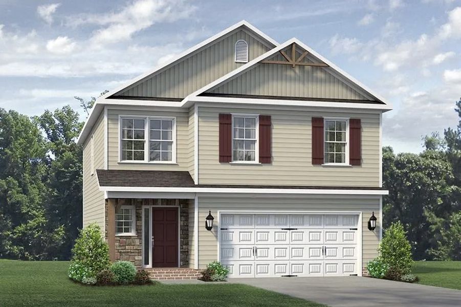 Representative exterior photo of a completed home built from the Southport by Keystone Homes NC in Brassfield Meadows, Burlington, NC (Image 2). Representative exterior photo of a completed home built from the Southport by Keystone Homes NC in Brassfield Meadows, Burlington, NC (Image 2).