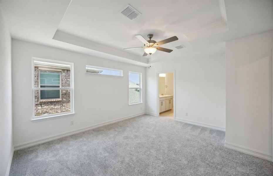 Elegant owner's suite with tray ceiling and large windows *real home pictured