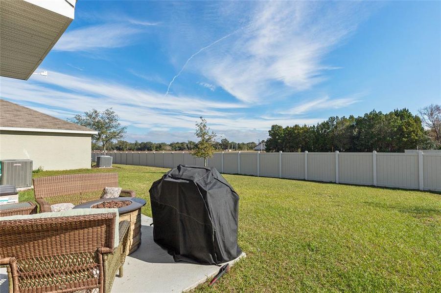 Back yard with community vinyl fence behind