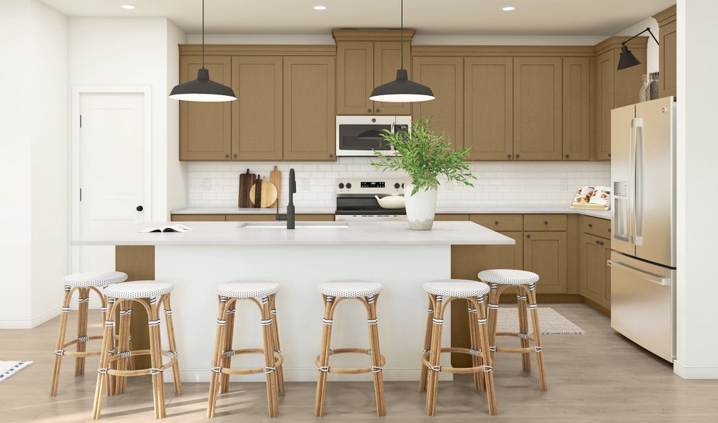 Kitchen with pendant lights over island