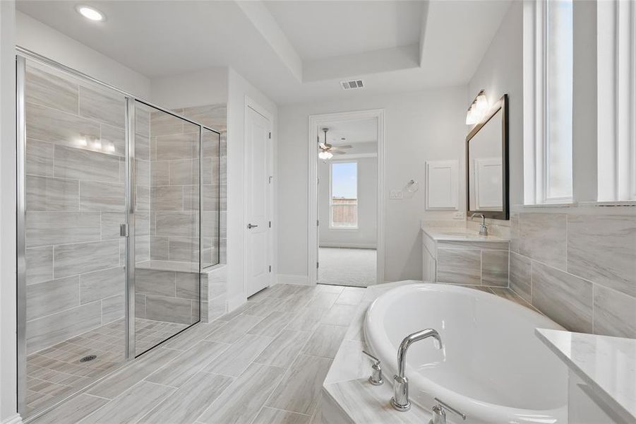 Full bathroom featuring vanity, a shower stall, a bath, visible vents, and ceiling fan