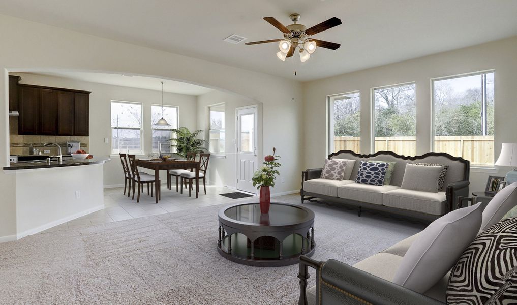 Great room with ceiling fan