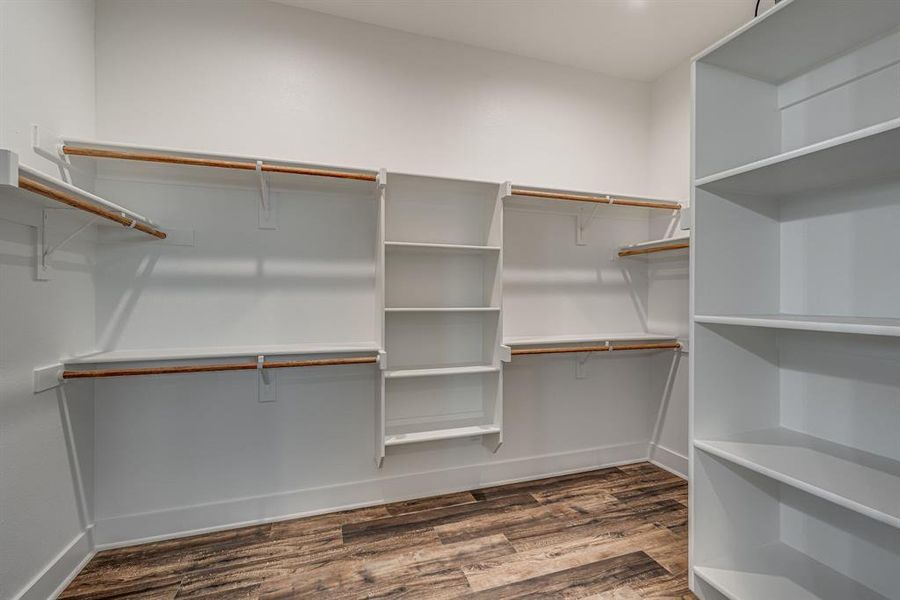 Spacious closet with dark hardwood / wood-style floors