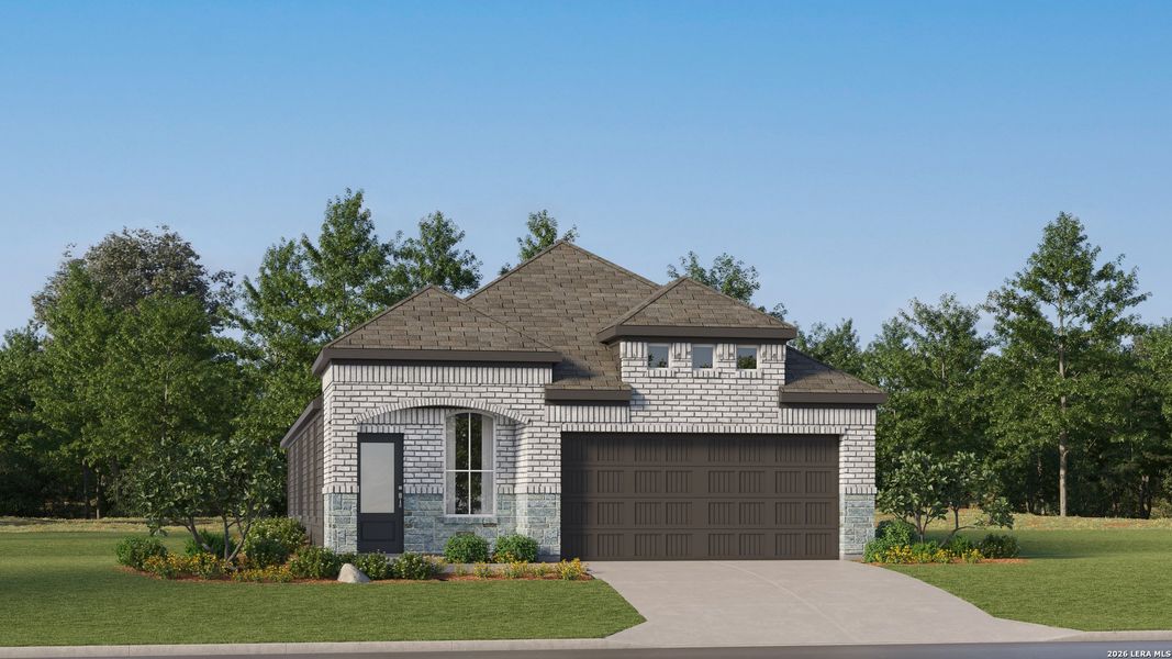 Front exterior of a new home in Pleasanton Meadows, Pleasanton, TX, highlighting curb appeal (Image 22).