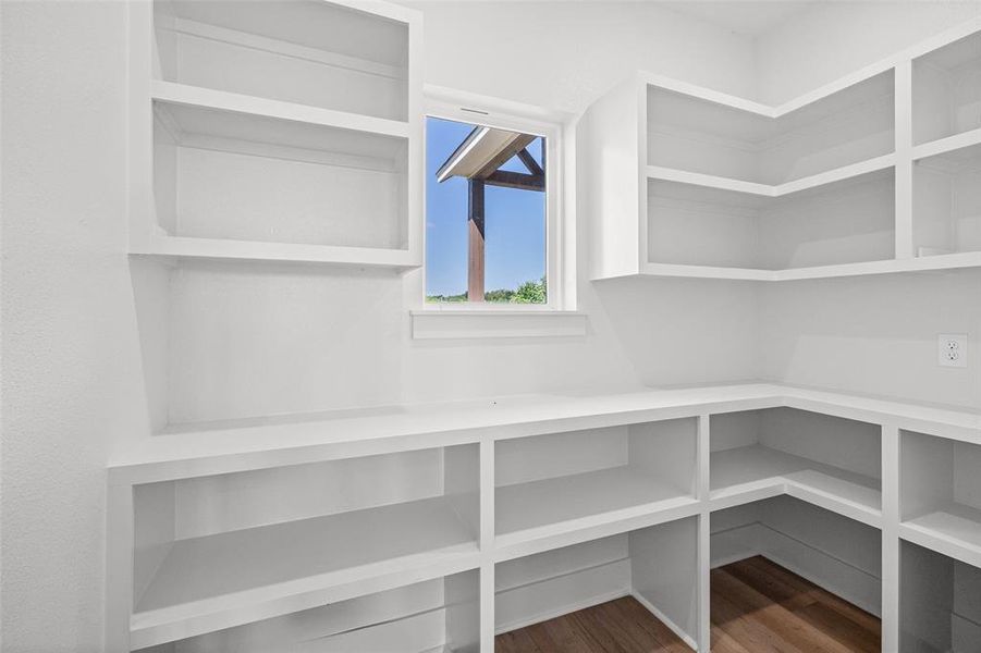 Spacious pantry featuring extensive built-in white shelving, a window with exterior architectural elements, and wood-finish flooring