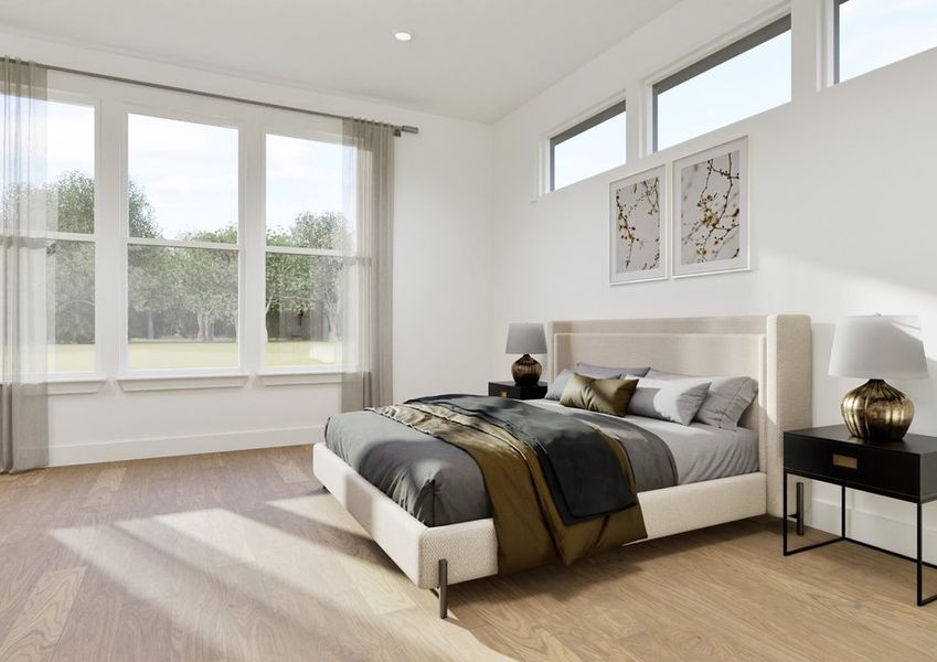 4 A modern bedroom with a large bed draped in gray and olive bedding, flanked by black nightstands with lamps. Spacious windows let in natural light, creating a serene and airy ambiance.
